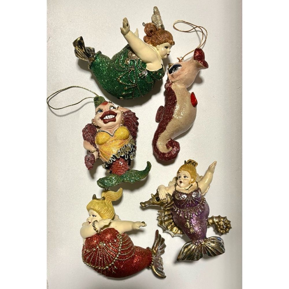 5 Vintage Katherine's Collection Glittering Mermaids  and Seahorse Ornaments
